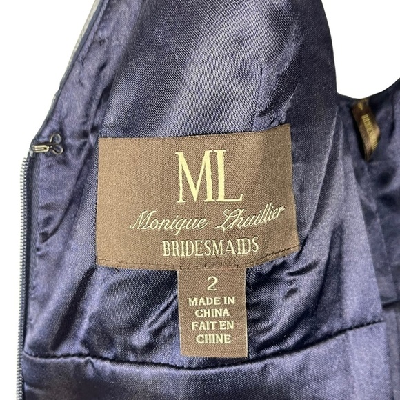 MONIQUE LHUILLIER BRIDESMAIDS NAVY BLUE RUCHED CHIFFON SHEATH COCKTAIL DRESS - Picture 14 of 15